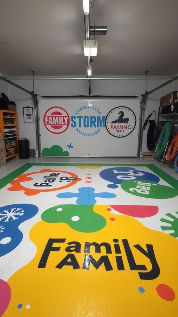 A colorful painted garage floor with playful designs and words.