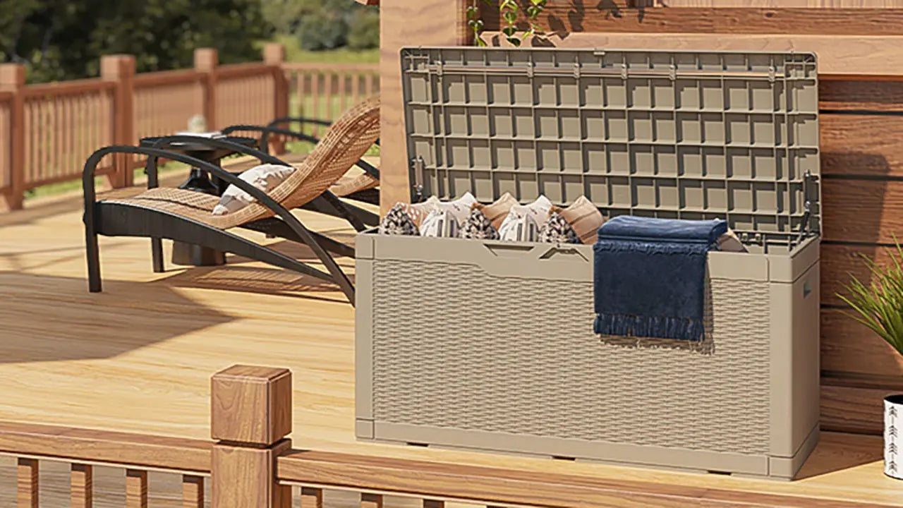 The 100 gallon ourdoor storage deck box is filled with patio supplies and standing in the patio