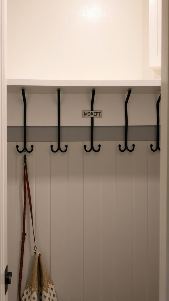 A mudroom closet with black hooks and a nameplate.