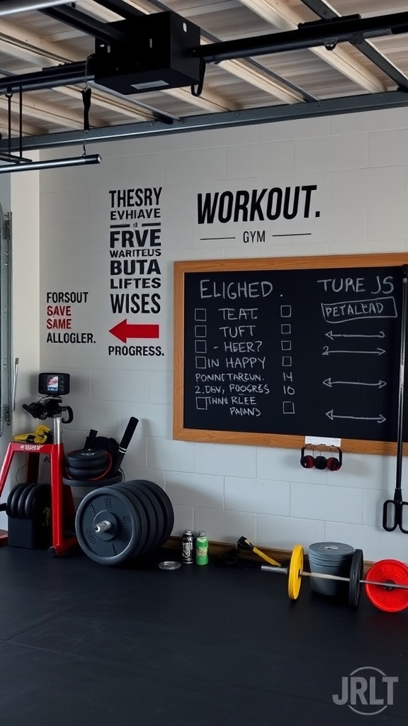 A garage gym with motivational wall art and a chalkboard for tracking workouts.