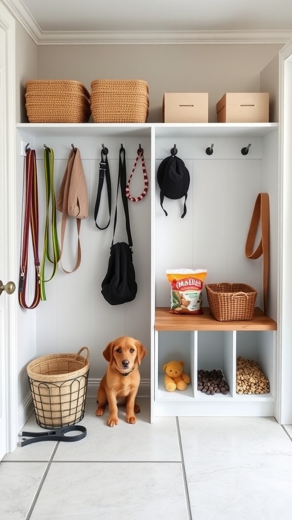 Organized mudroom closet with pet supplies, featuring a puppy, leashes, and storage baskets.