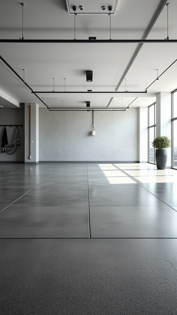 A spacious garage featuring polished concrete flooring, large windows, and modern lighting.