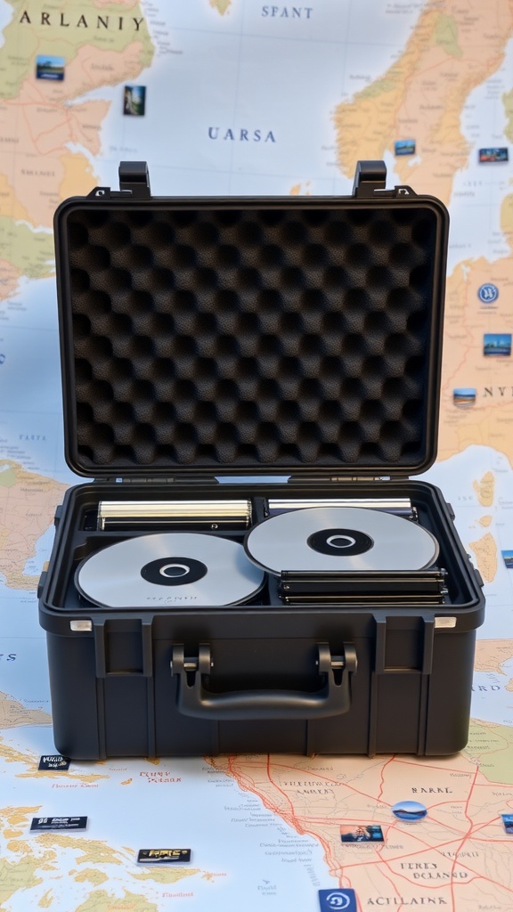 A portable DVD case shown on a world map, showcasing its organization features with DVDs securely stored inside.