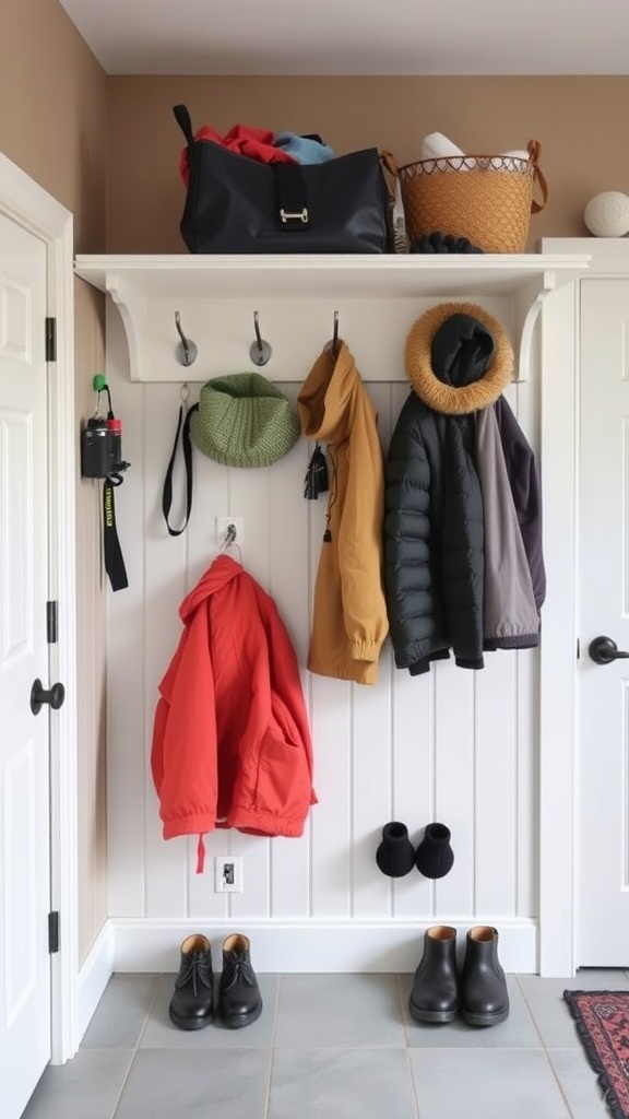 A well-organized mud room with hooks for jackets, a shelf for bags, and neatly arranged footwear.