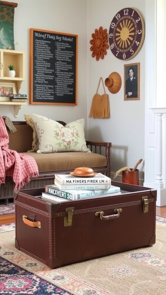 A vintage suitcase used as an ottoman in a cozy room setting