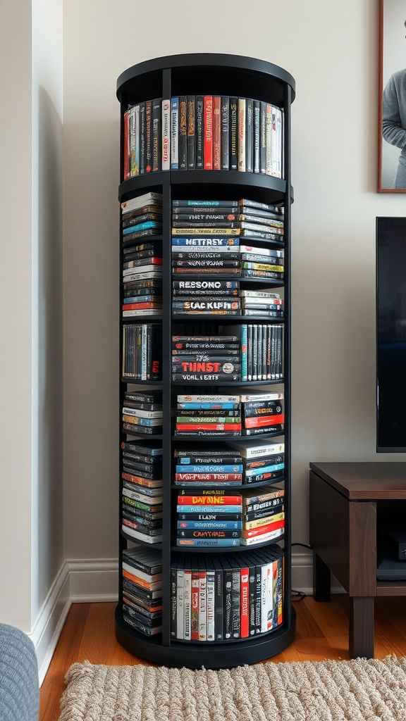 A sleek black rotating DVD tower filled with DVDs, showcasing a neat and organized appearance.