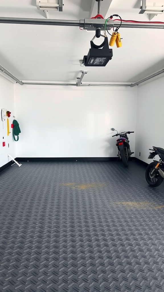 A spacious garage with rubber flooring, showcasing comfort and safety features.