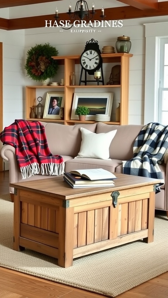Rustic wooden ottoman in a cozy living room setting with a couch and decorative throws.