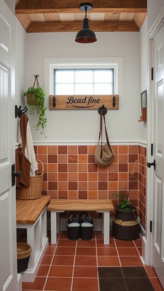 Rustic mudroom with terracotta tiles and wooden bench