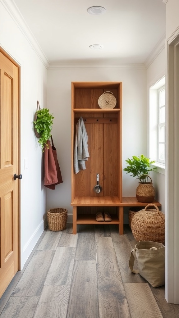 Rustic mudroom featuring wood-look tiles and wooden storage