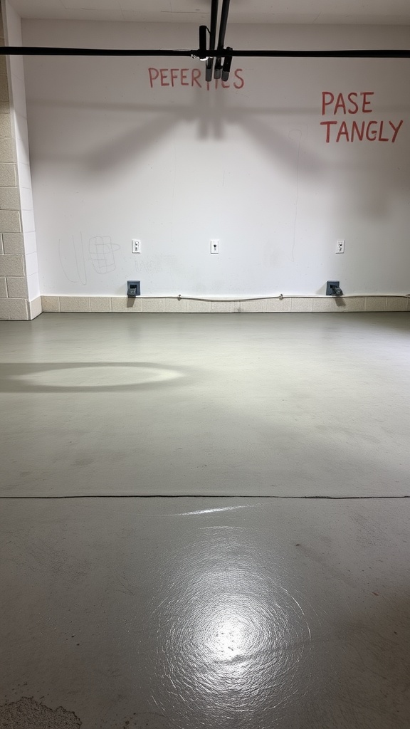 A shiny, sealed concrete garage floor with minimal markings on the walls.