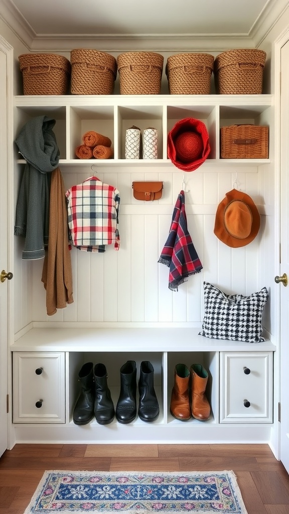 A well-organized mudroom with baskets and seasonal items in cubbies