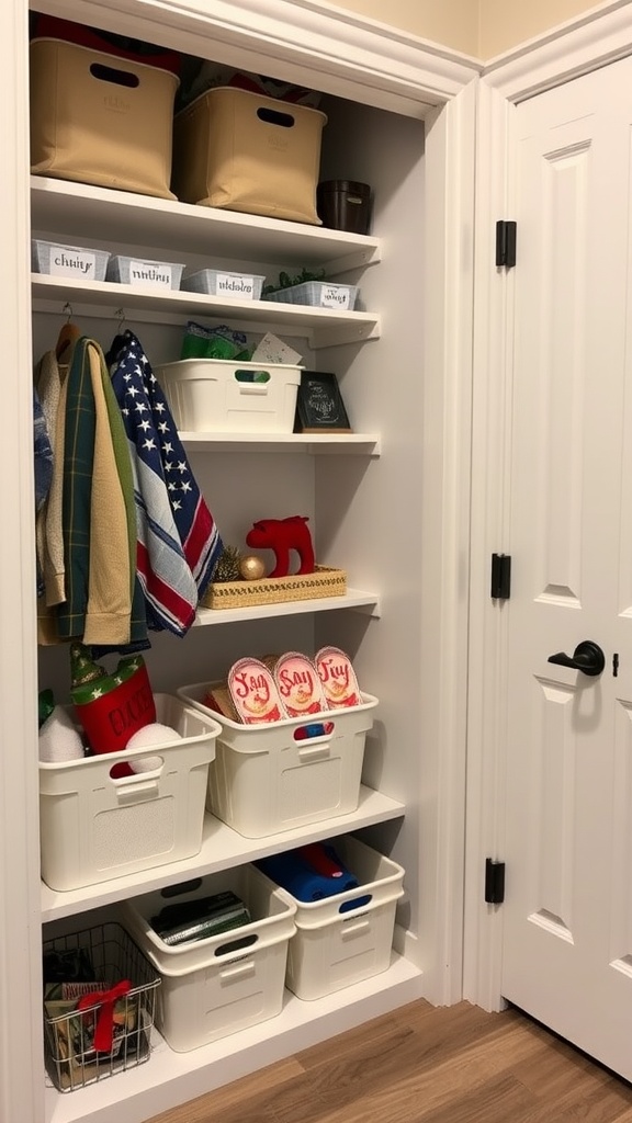 Organized mudroom closet with labeled bins and neatly stored seasonal decor.