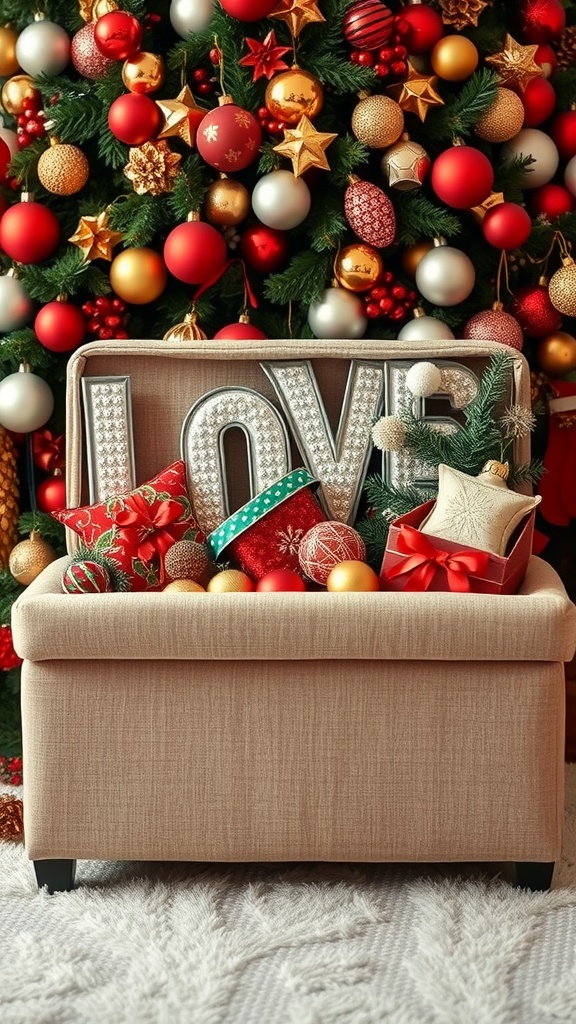 Beige storage ottoman filled with colorful holiday decorations in front of a Christmas tree