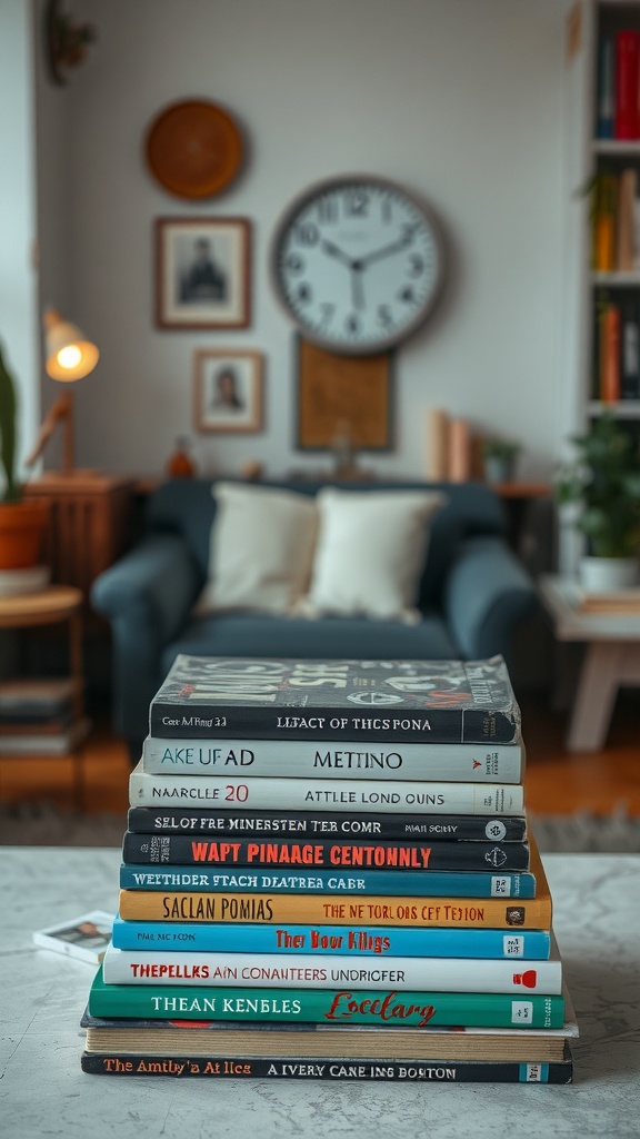 A stack of secondhand books in great condition on a coffee table.