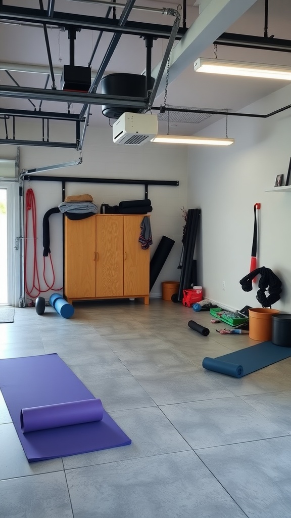 A garage gym featuring a dedicated area for stretching with yoga mats, storage, and bright lighting.