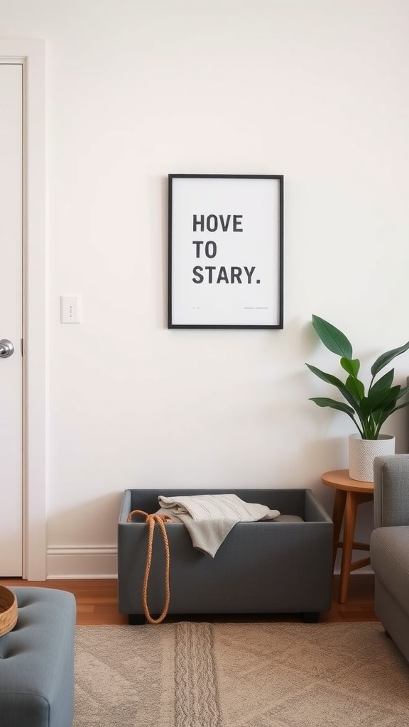 A small gray storage ottoman with a rope handle, placed near a plant and a side table, in a cozy living space.