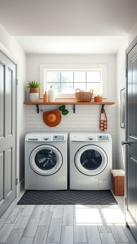 A bright and modern laundry room and mudroom combo featuring white washing machines, a wooden shelf with decorative items, a window for natural light, and gray flooring.