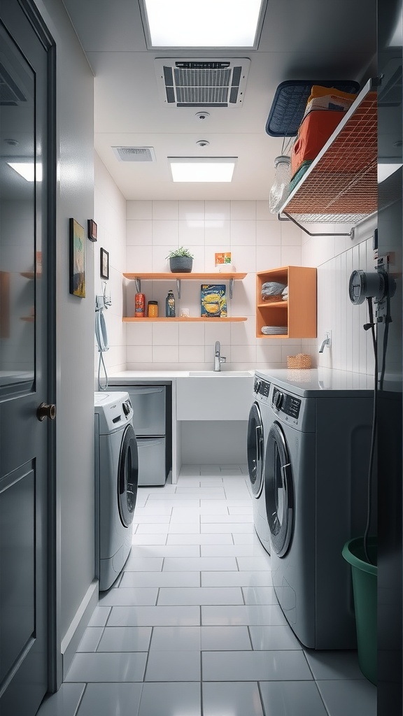 A narrow laundry room with modern appliances, recessed lighting, and a skylight providing natural light.