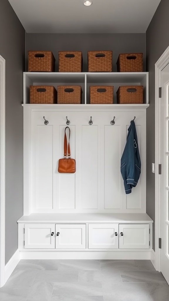 A modern mudroom closet with baskets, hooks, and a bench.