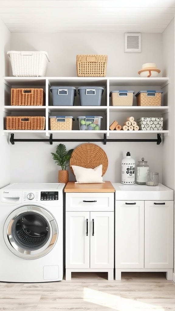 A modern laundry room mud room combo with organized shelves and storage solutions.
