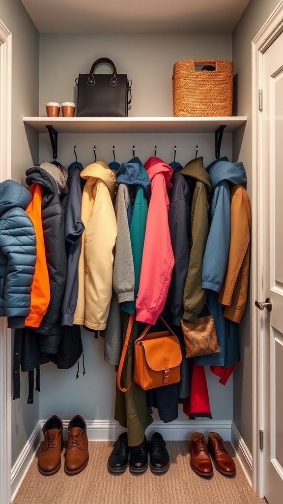 A neatly organized mudroom closet with colorful coats hanging, shoes on the floor, and bags on a shelf.