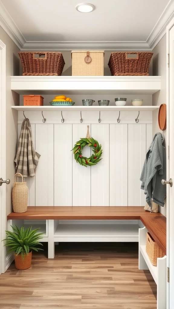 A stylish mudroom with wooden benches, storage baskets, hooks, and a decorative wreath.