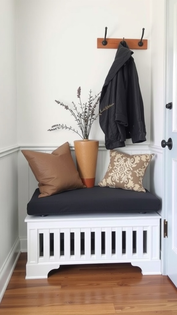 A stylish mudroom with a white radiator cover serving as a bench, featuring pillows and a plant.