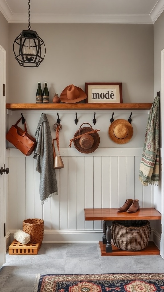 A stylish mudroom with a wooden shelf displaying wall art, hats, and accessories.