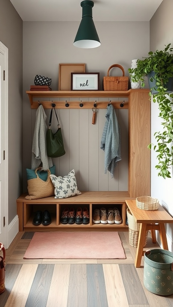 A stylish mudroom closet with natural wood, plants, and organized storage.