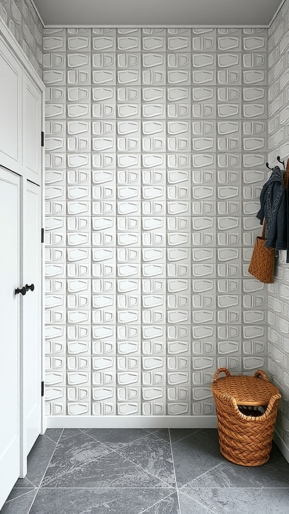 Mudroom with textured 3D tiles on the wall and dark flooring