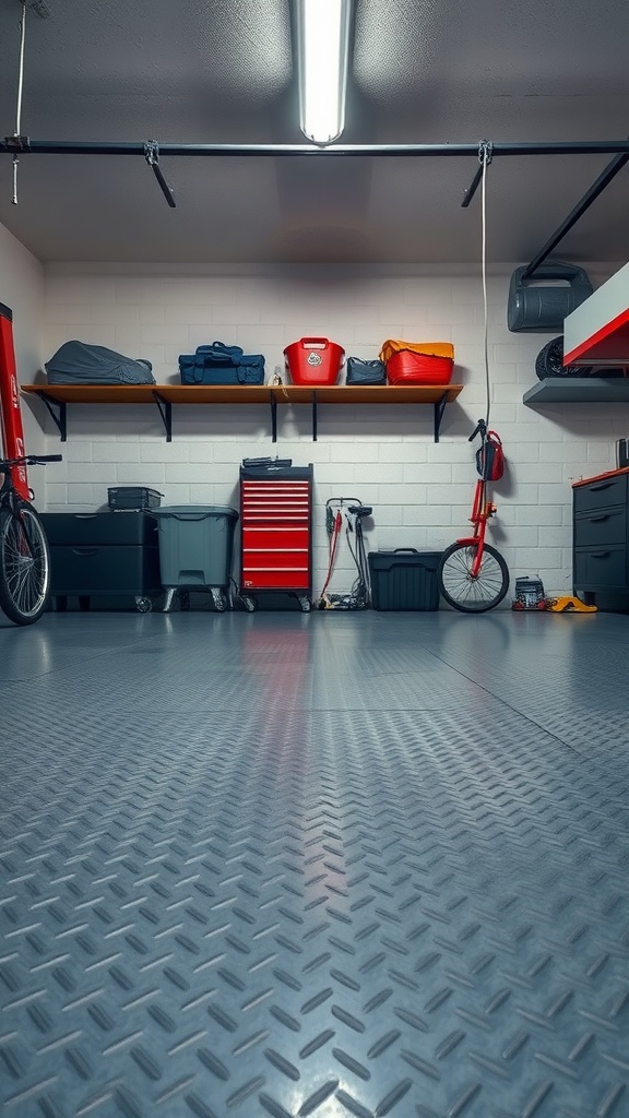 A well-organized garage with a textured diamond-pattern floor that provides grip and stylish appeal.