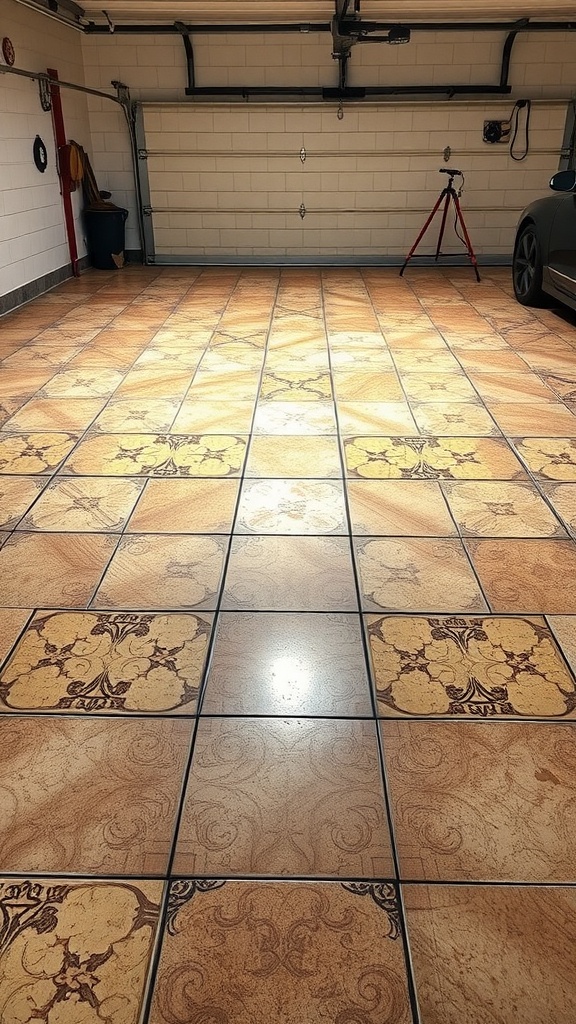A garage with elegant tile flooring featuring intricate patterns and warm tones.