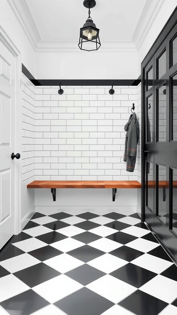 A stylish mudroom featuring a black and white checkered tile floor, white subway tiles on the walls, and a wooden bench.