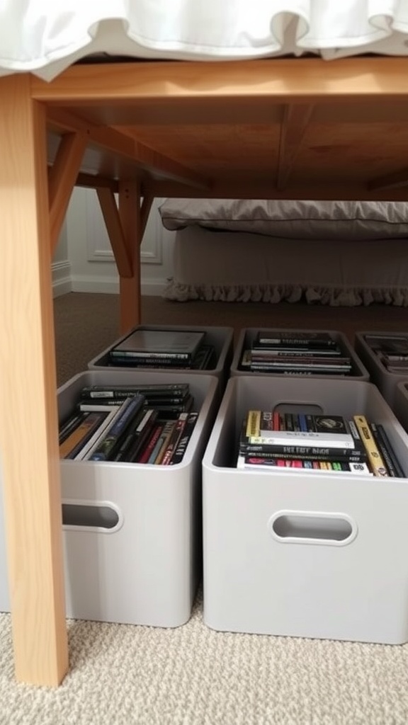 Gray bins under a bed filled with DVDs