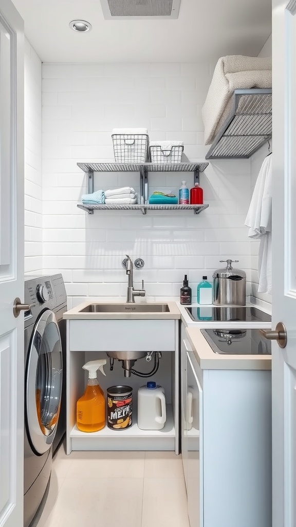 A narrow laundry room featuring under-sink storage with cleaning supplies and open shelving.