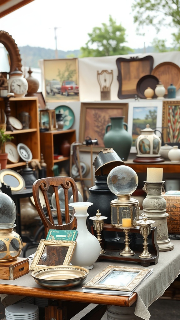 A wide array of antiques and collectibles displayed at a garage sale, showcasing vintage vases, frames, and decorative items.