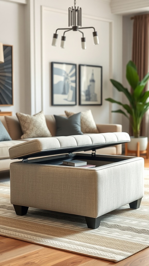 A stylish upholstered ottoman with a hidden compartment in a modern living room setting