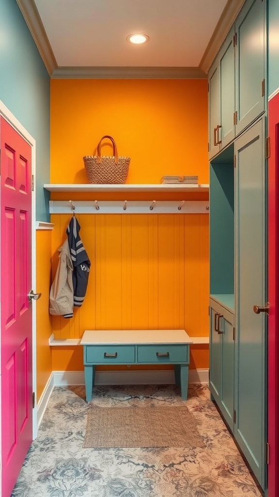 A vibrant mudroom closet featuring orange walls, teal shelving, and a bright pink door.
