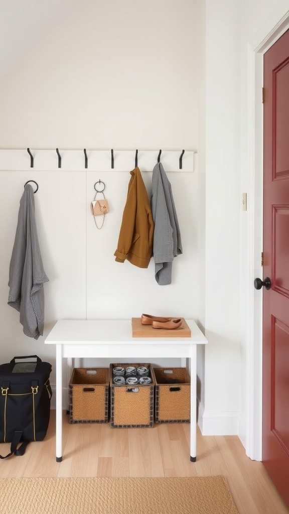 Mudroom featuring a folding table, wall hooks, and storage baskets