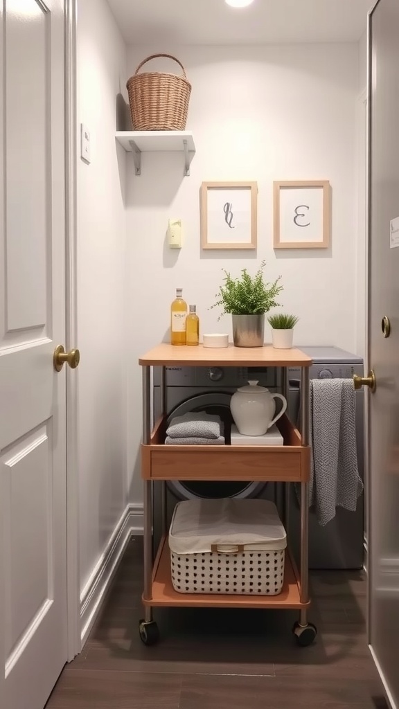 A narrow laundry room featuring a mobile storage cart with open shelves, a plant, and decorative items.