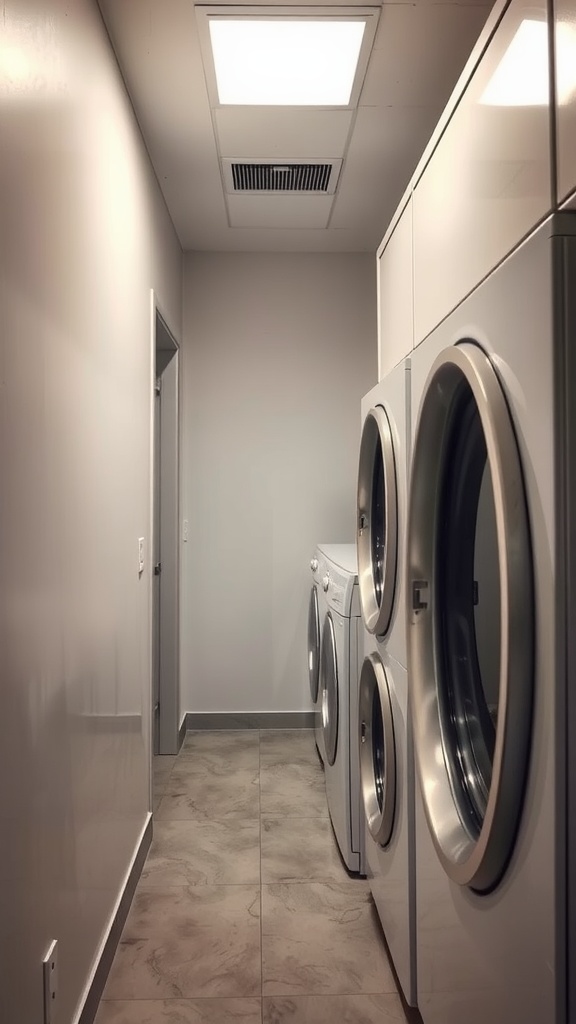 A narrow laundry room with modern appliances and bright lighting