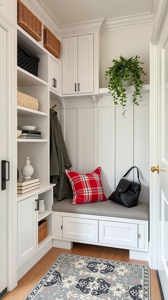 Corner mudroom with shelving, a bench, and a plant