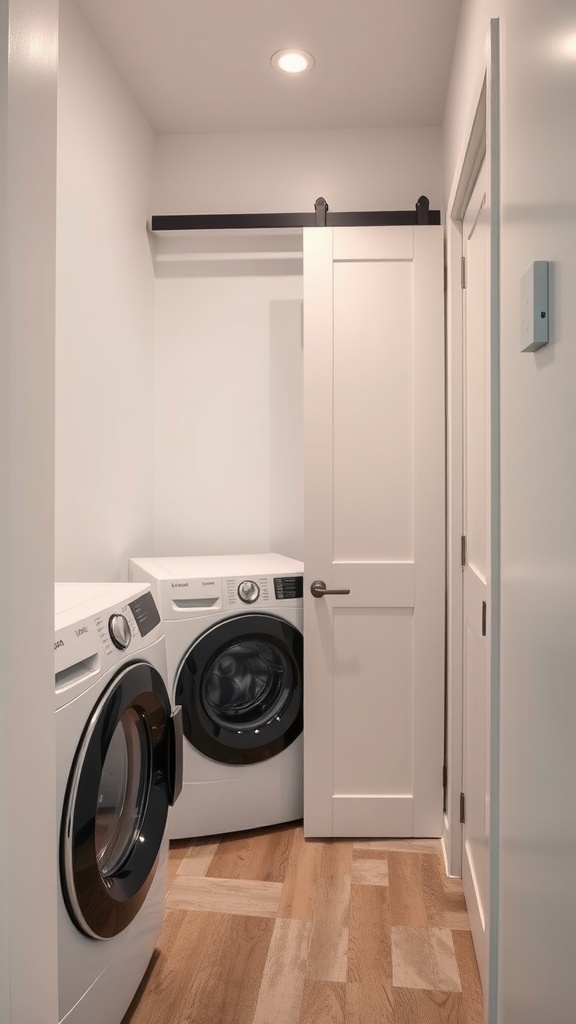 A narrow laundry room featuring white appliances and a sliding door