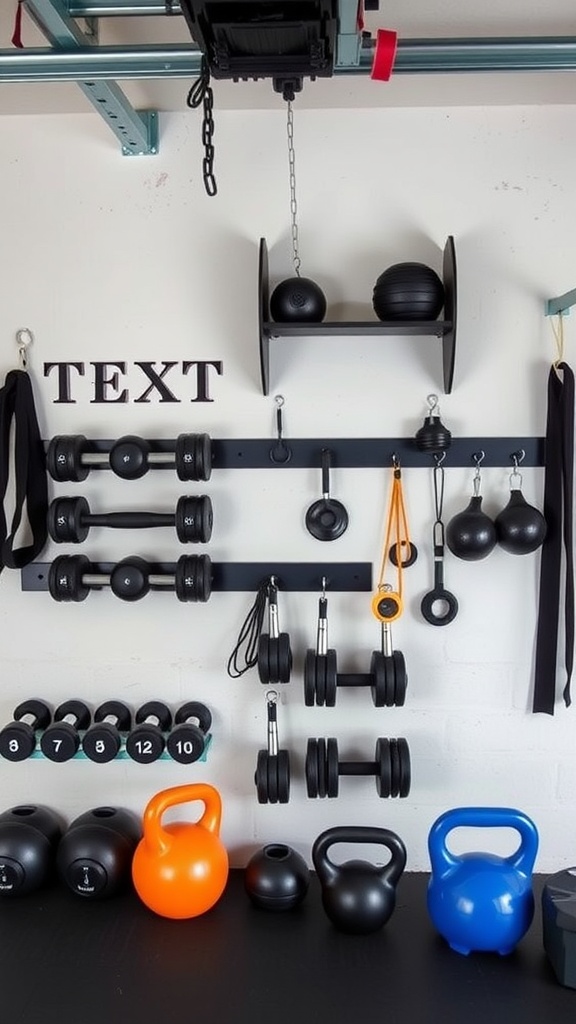 Organized garage gym wall with weights, kettlebells, and storage solutions