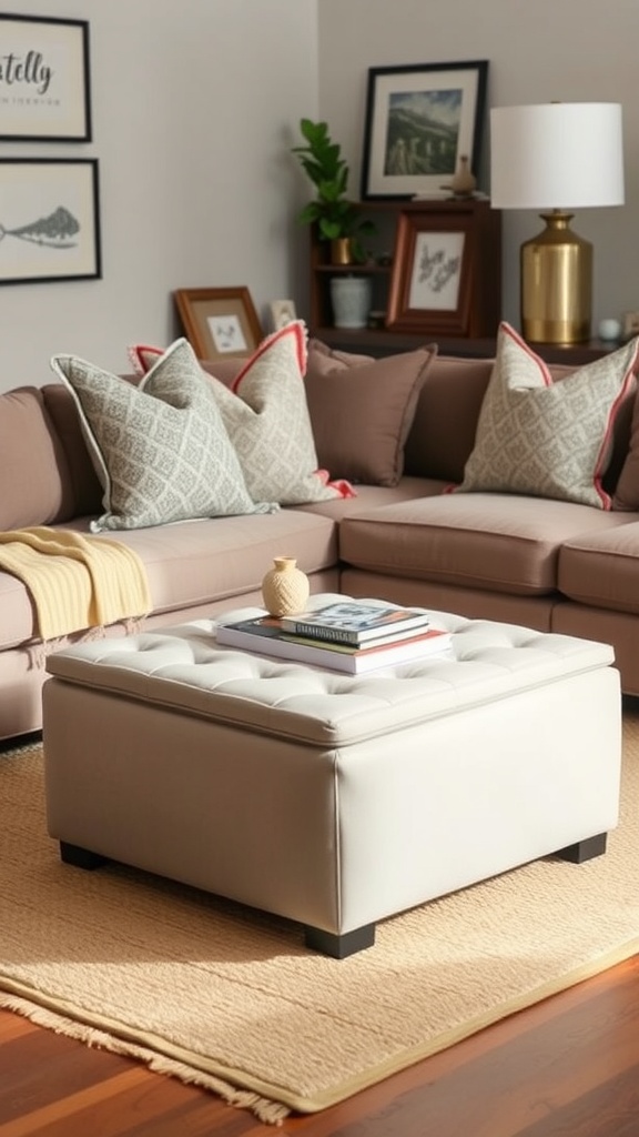 A stylish living room featuring a light-colored tufted storage ottoman at the center, surrounded by a cozy sofa with decorative cushions.