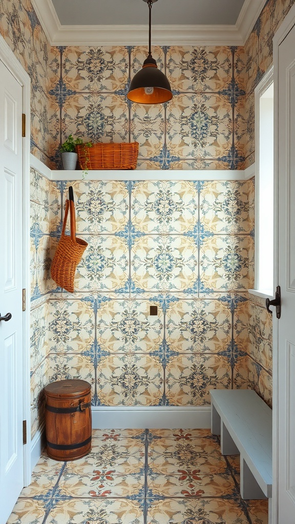 A vintage-inspired mudroom featuring patterned cement tiles, a wooden stool, a basket, and a light fixture