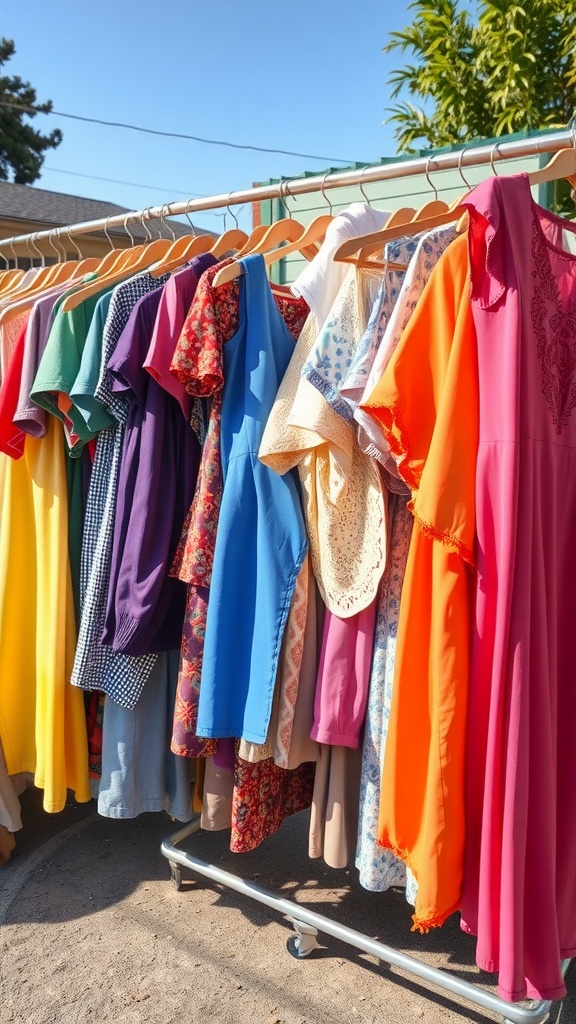 Colorful vintage dresses hanging on a rack at a garage sale.