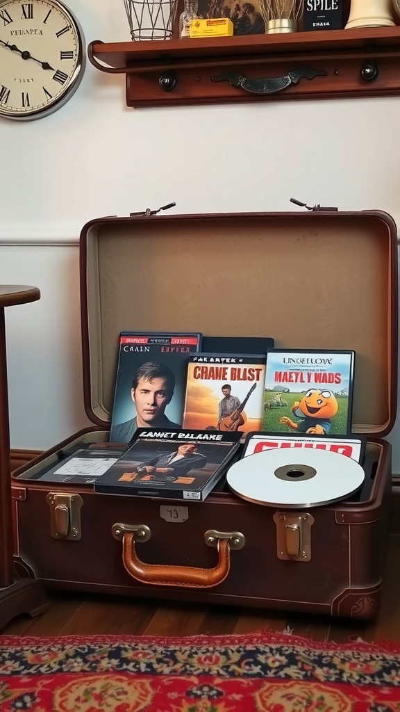 A vintage suitcase used for DVD storage, displaying DVDs and a CD inside.