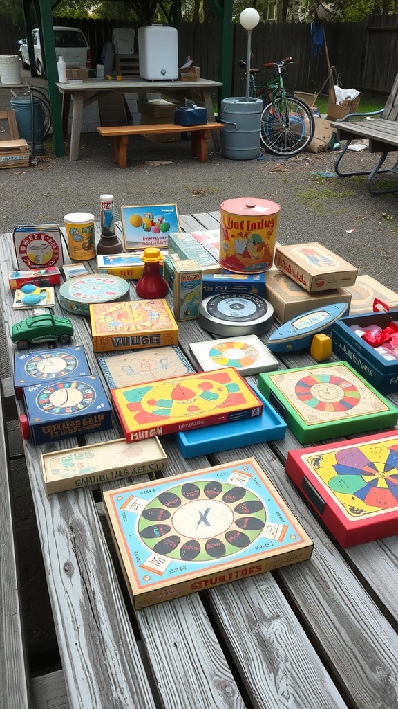 A variety of vintage toys and games displayed on a wooden table, including board games and colorful toy boxes.